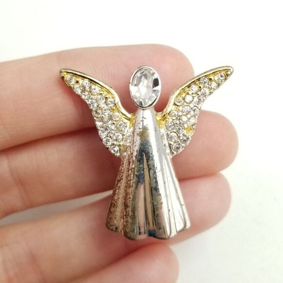 Vintage Monet Angel Brooch, Silver Tone, Rhinestone Guardian with Wings - Picture 1 of 7